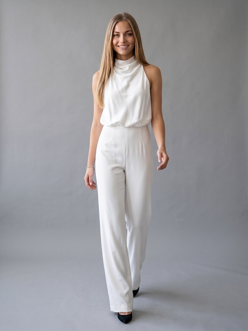 🌻Adrianna Papell White Crepe Jumpsuit Sleeveless Crew Neck Keyhole Back Size 6